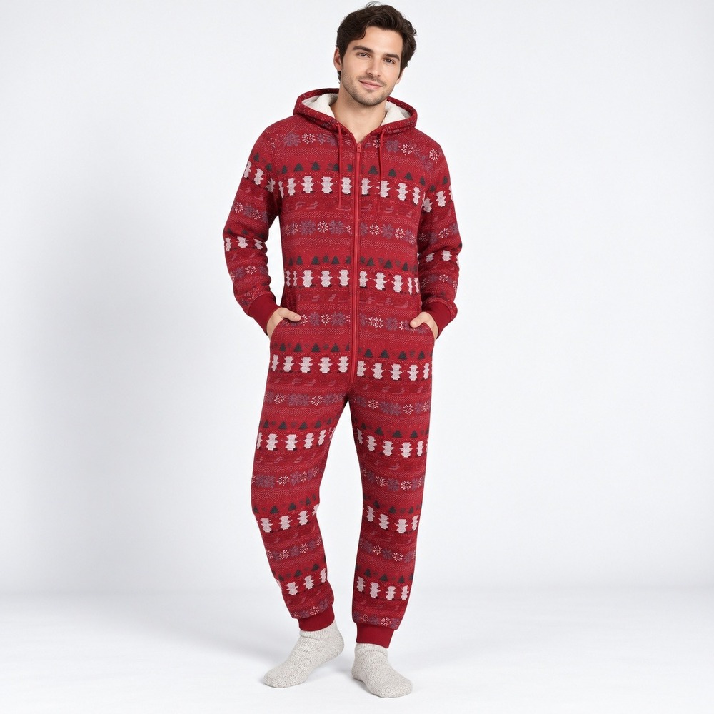 Fabletics Hooded One Piece Pajamas Unisex L Red Fair Isle Snowman Holiday Zip